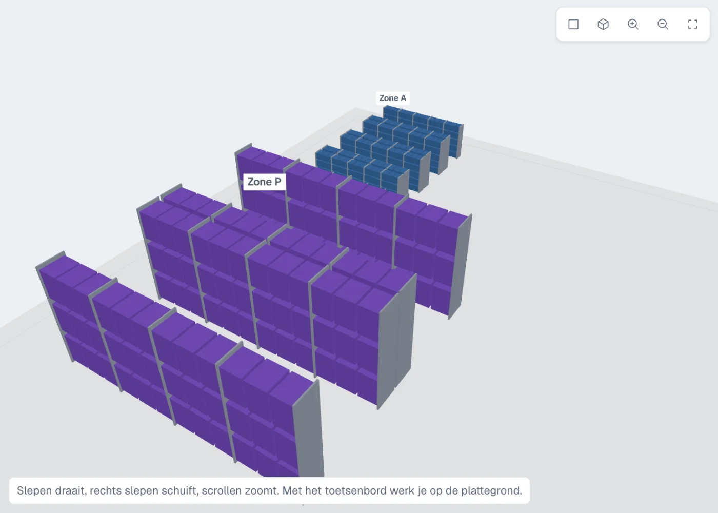Magazijn in 3D met een pickzone en een bulkzone.