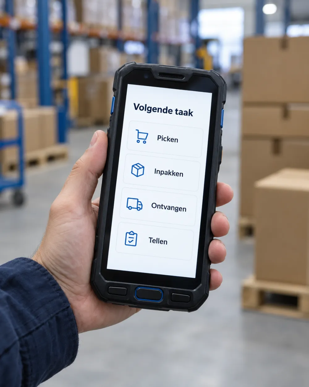 Een handscanner met de taken Picken, Inpakken, Ontvangen en Tellen.